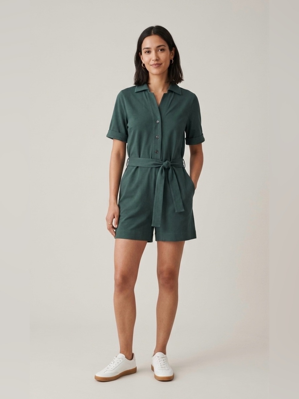 COS belted jerseyβ playsuit jumpsuit dark green cotton buttoned half placket